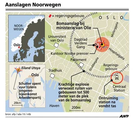 Overzichtskaart van de locaties in Oslo waar de aanslagen plaatsvonden