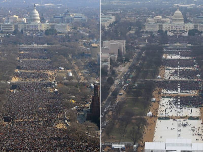 Bezoekersaantallen bij de beëdiging van Obama en Trump